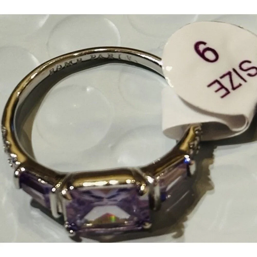 Bomb Party Ring Size 9 Purple Lavender Emerald Cut CZ Rhodium Plated NWT